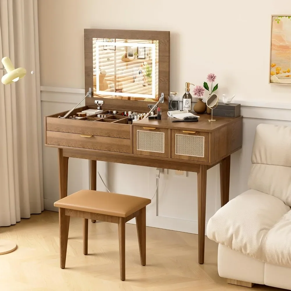 Vanity Desk, Flip-Top Mirror 3 Colors & Drawers, Vanity Dressing Table Set Stool, Vanity Makeup Desk Bedroom & Farmhouse