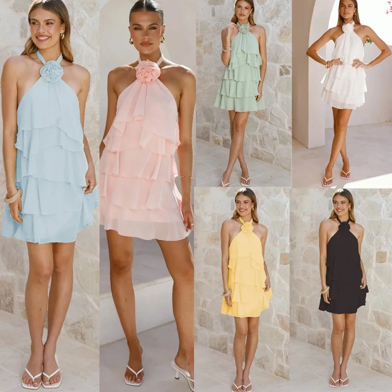 Women's Dress Halter Neck Chiffon Ruffle Tiered Skirt Dresses Backless Elastic Waist Summer Dress Light Party Dress Woman