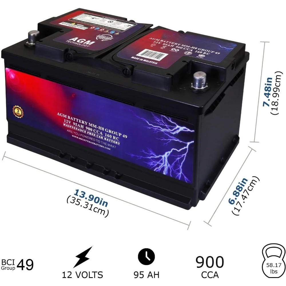 MM-H8 بطارية سيارة بدء وإيقاف BCI Group 49 12V 95Ah، 160RC، 900 CCA قابلة لإعادة الشحن AGM