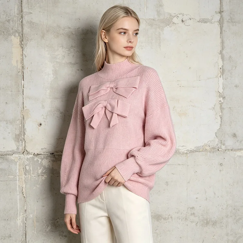ZAMOR HIGH STREET Korean Sweet Top 2026 New 3D Bow Patch Loose Slimming Solid Color Knitted Sweater Women