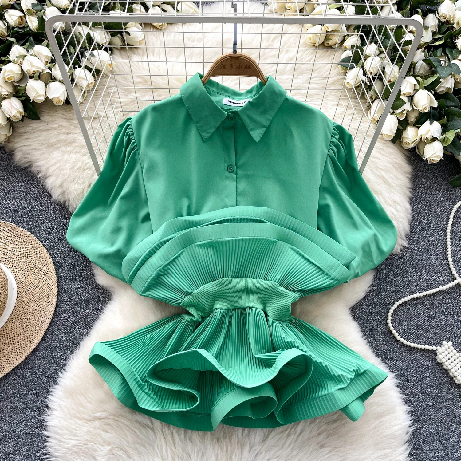 Vintage Short Puff Sleeves Elegant Polo-neck Chic Ruffles Slim Top French Fashion Streetwear Spring Autumn High Street Blouse