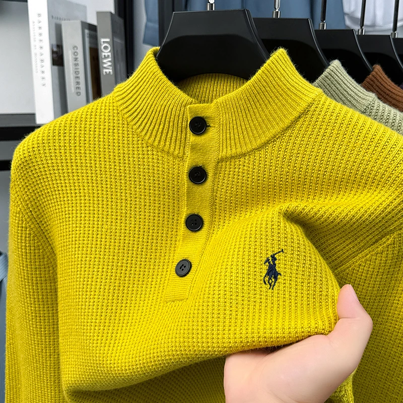 

Свитер с длинными рукавами, мужской осенне-зимний новый стиль, повседневный вязаный базовый свитер на пуговицах с полувысоким воротником, верхняя мужская мода