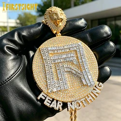 New Iced Out Hip Hop Letters Fear Nothing Pendant Necklace Bling Silver Gold Color Rectangle CZ Lion King Charm Men Jewelry