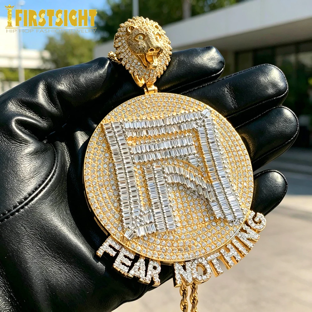 New Iced Out Hip Hop Letters Fear Nothing Pendant Necklace Bling Silver Gold Color Rectangle CZ Lion King Charm Men Jewelry