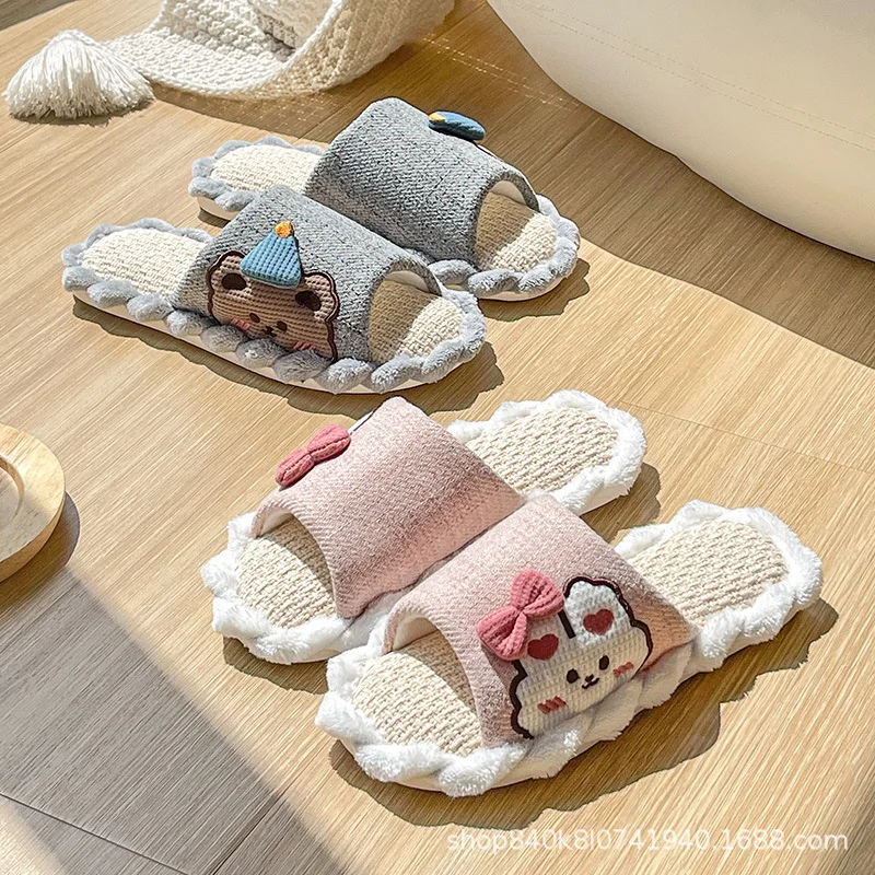 

New Cute Couple Iinen Slippers Female Spring And Autumn Household Sweat-absorbing Non-slip Wood Floor Cotton And Linen Slippers