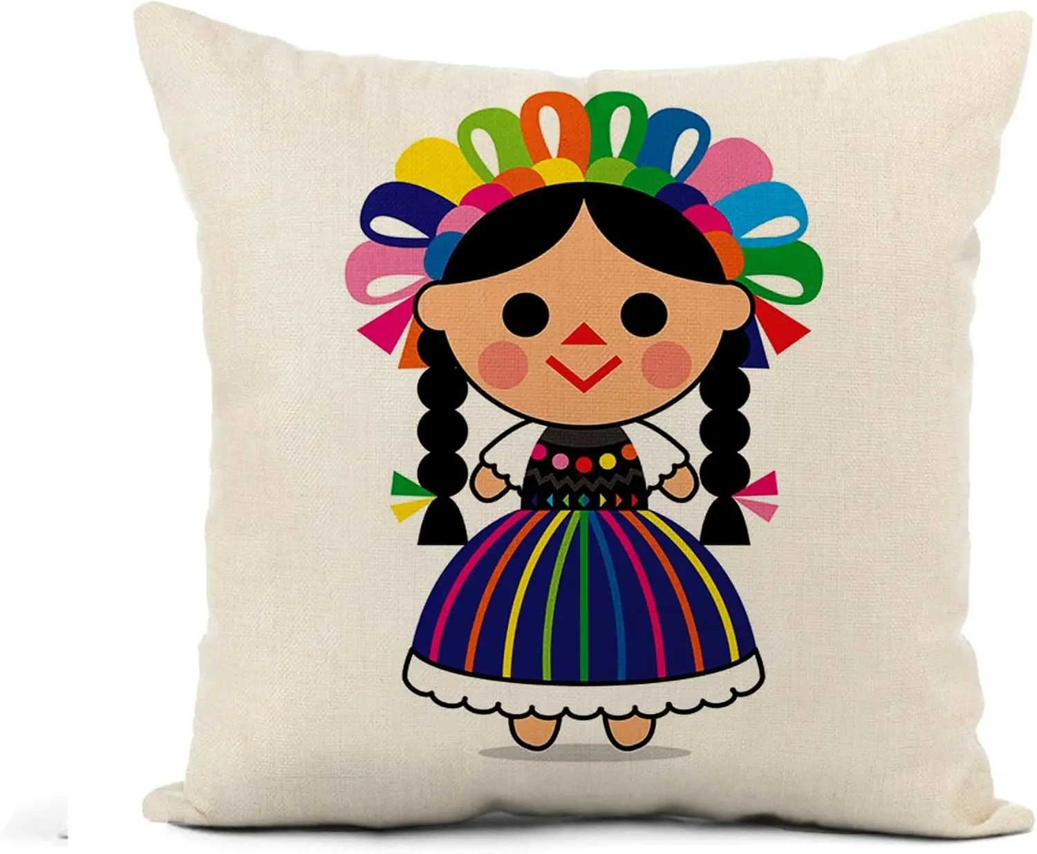 Mexican Doll Pillowcase, Colorful Folk Art Cushion Cover, Traditional Fiesta Home Decor Cute Girl Sofa Throw Pillow, Boho Living