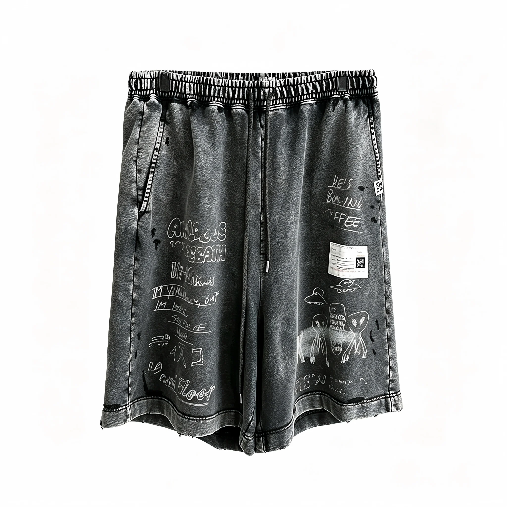 

Vintage Washed Distressed Sweat Shorts Men Women Unisex American Streetwear Graffiti White Ink Digital Print Drawstring Elastic