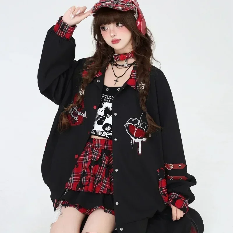 Autumn Winter Punk Harajuku Coats American Vintage All Match Casual Commuter Loose Jackets Constrast Color Japan Print Clothing