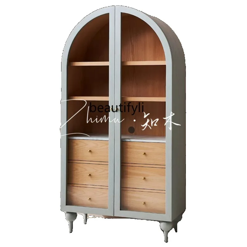 Custom French Style Solid Wood Arch Wine Cabinet American Retro Side Cabinet Nordic Glass Cabinet Modern Double Door Bookcase