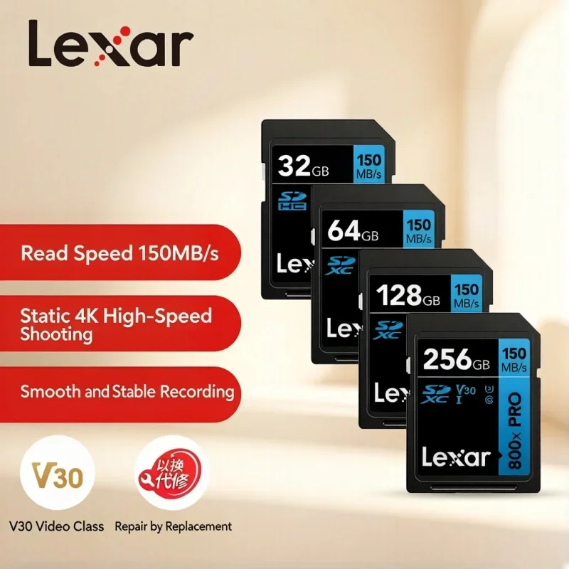 Lexar 800X Pro SD Memory Card UHS I Class 10 V30 150MB s High Speed SD Card 32GB 64GB 128GB 256GB for 4K Video Recording Camera