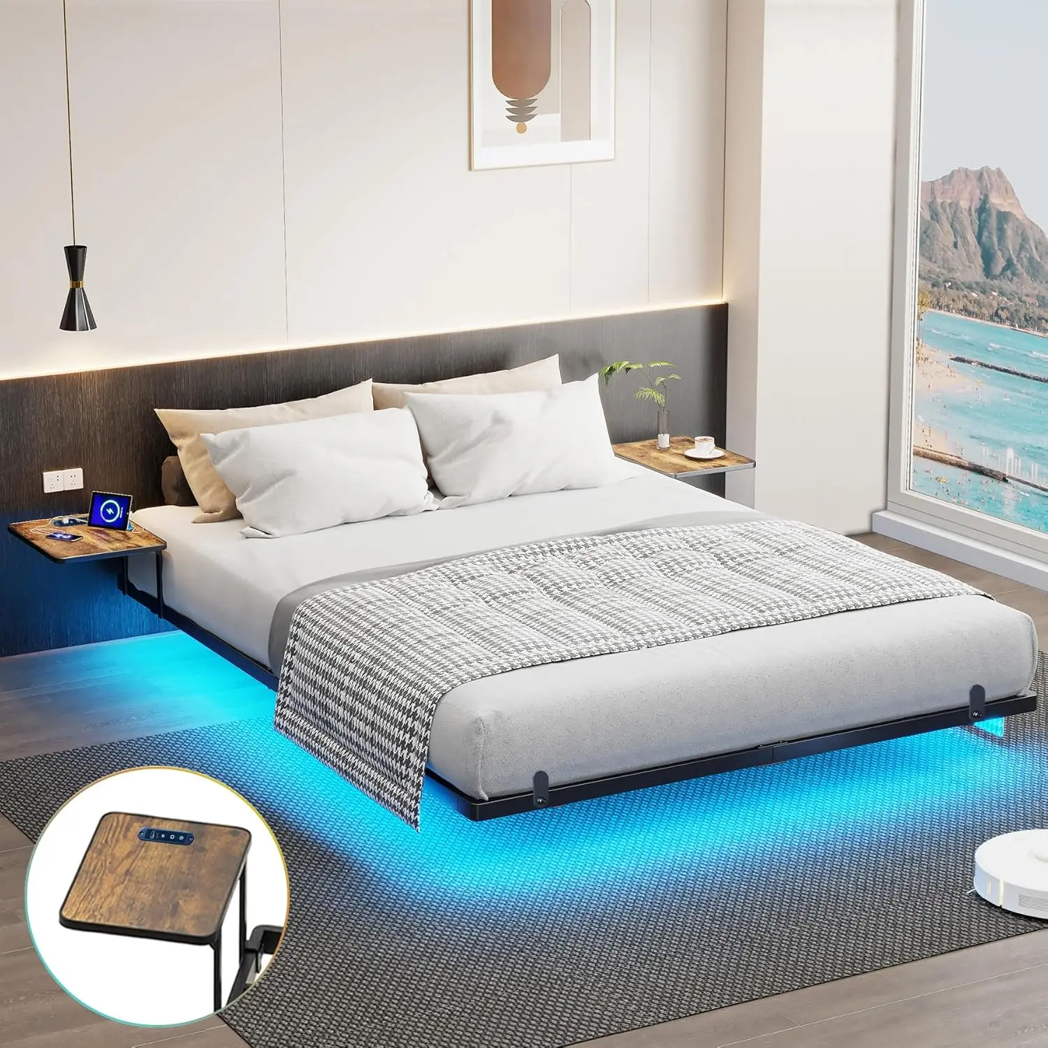 

Floating Bed Frame Queen with Bedside Tables, Charging Station and LED Lights Metal Platform U.S. Standard, Black, Customized
