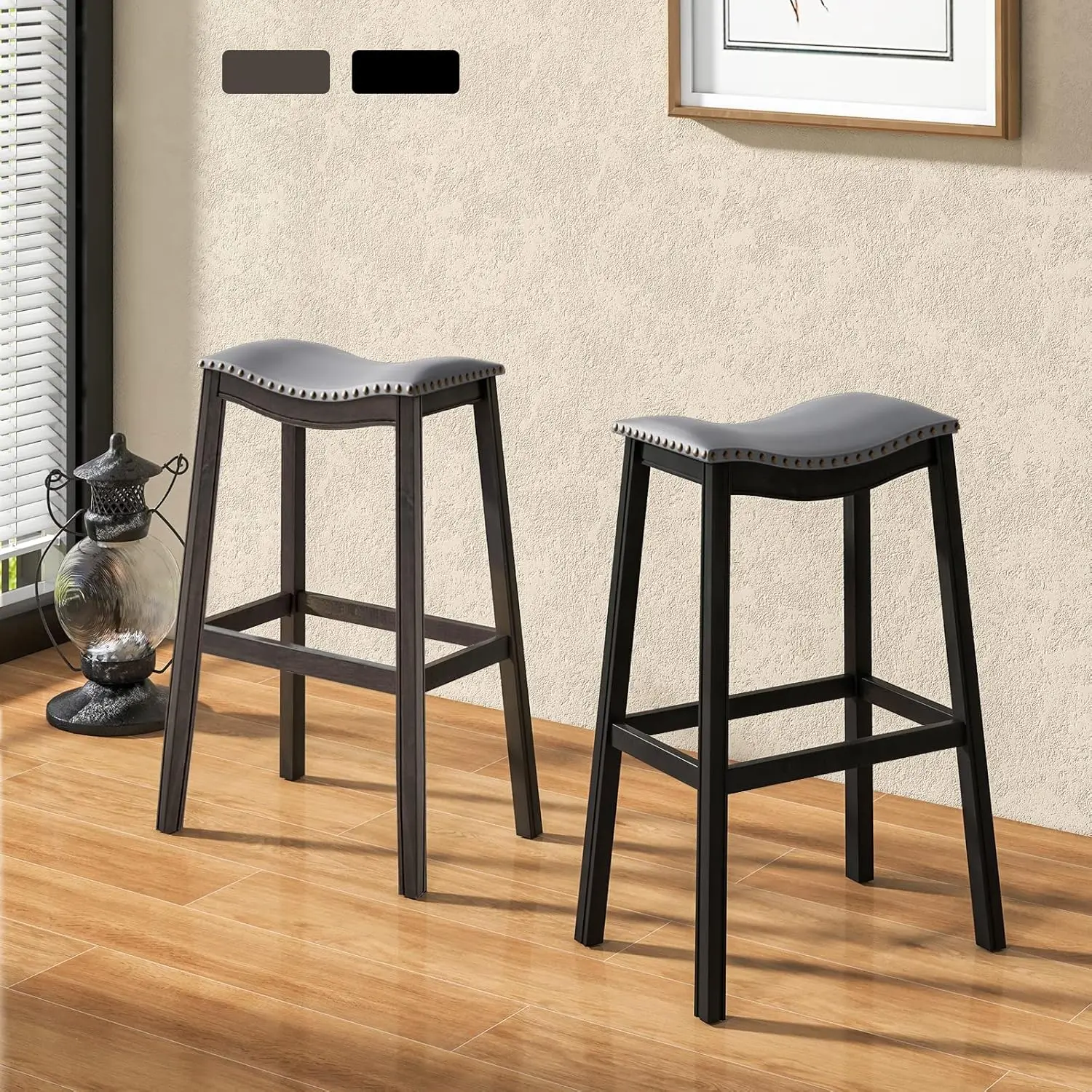 29 Inch Bar Stools Set of 2 Counter Barstool with  Backless Saddle Stools Island Chairs with Nailheads and Solid