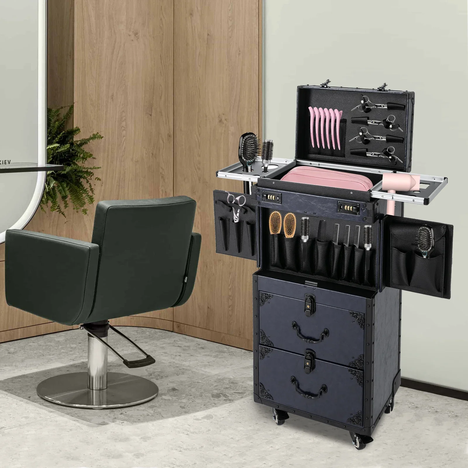 블루 빈티지 롤링 미용 도구 케이스 – 전문가를 위한 업그레이드된 금속 바퀴가 있는 복고풍 스타일리스트 트롤리