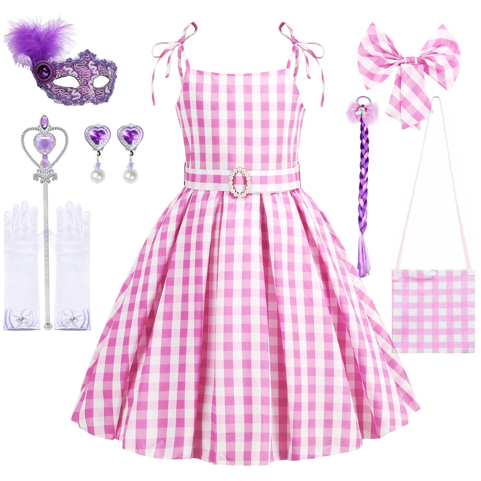 Girls Barbi Cosplay Dress Children Pink Plaid Princess Costume Kids Birthday Party Outfits Fantasy Elegant Gown