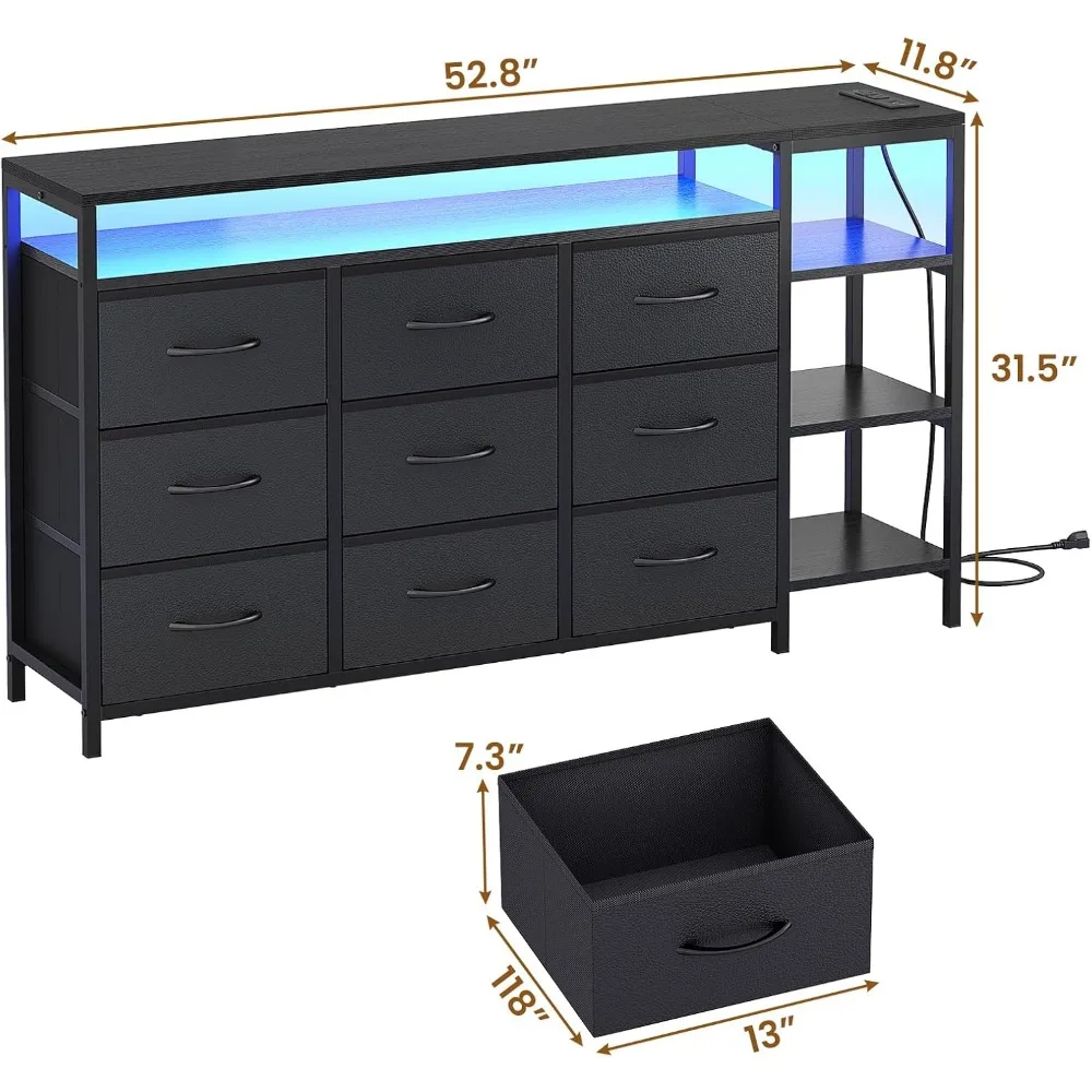 9 Drawers Dressers for Bedroom with LED Lights & Powers Outlets, 53 Inch Dresser TV Stand for 55, 60 Inch TV, Entertainment Cent