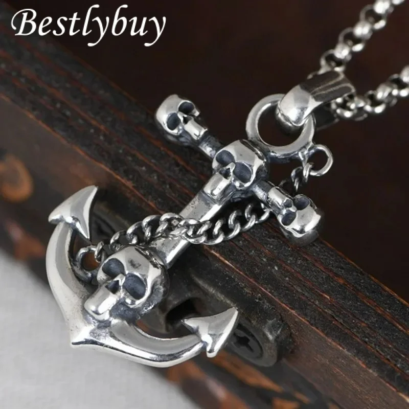 

New S925 Silver Retro Punk Personalized Creative Skull Head Anchor Pendant Gift for Women Free Shipping