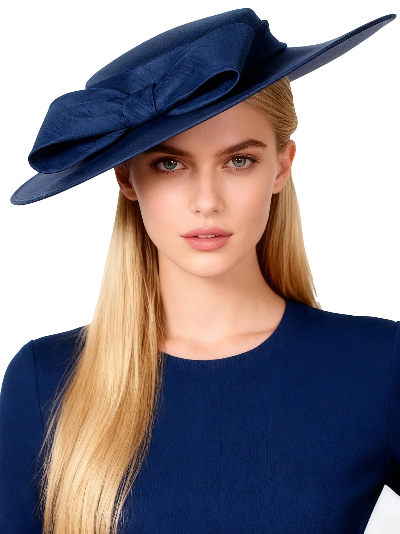 FS Elegant Wide Brim Ivory Hats For Women Big Bow Formal Occasion Kentucky Cap Lady Wedding Cocktail Party Flat Top Fedoras 2024