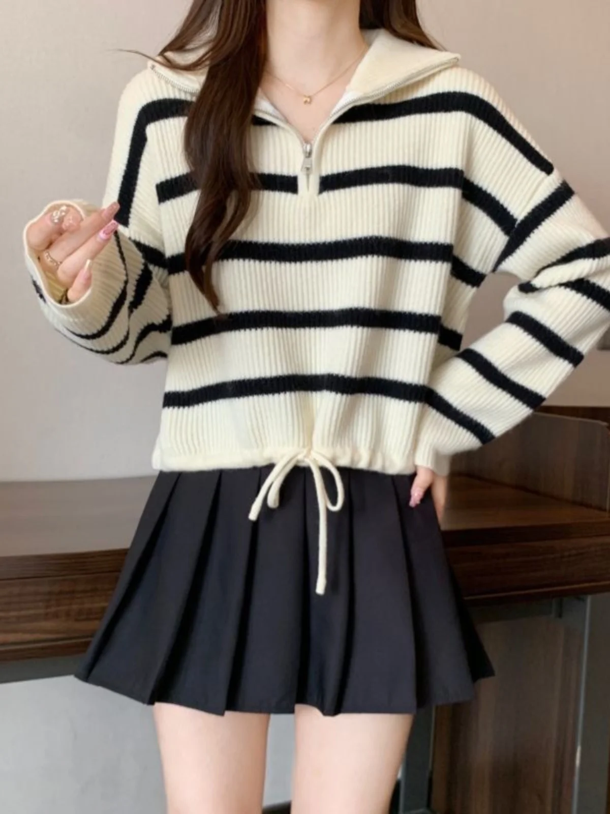 سترة محبوكة مخططة بلون Blo f مع حاشية Dstring سترة تنحيف علوية كورية Sle Commute Faion بلوفر نسائي #4