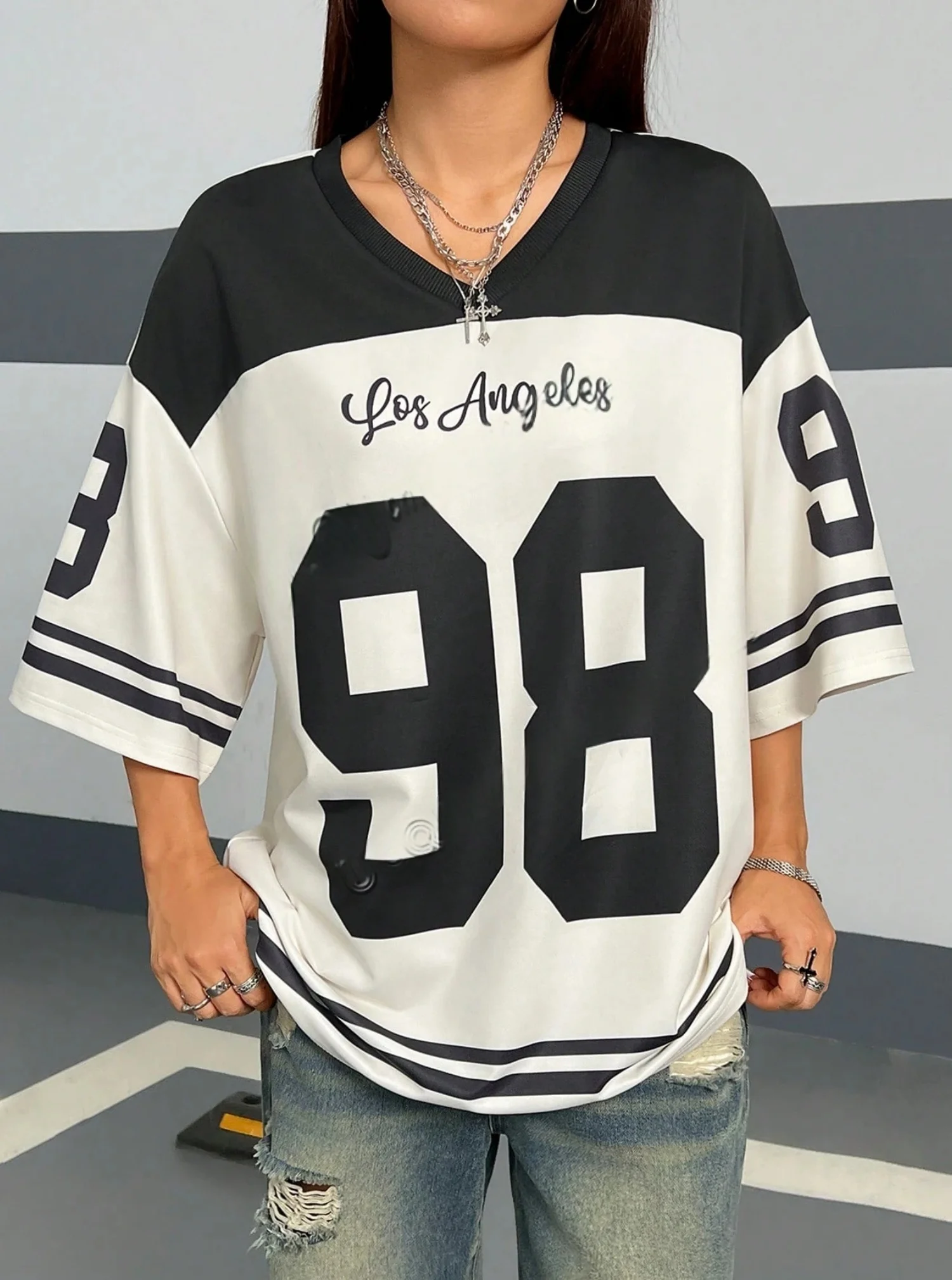 

Summer Women Los Angeles Number 98 Print V-Neck Short Sleeve T-Shirt Summer Tee Baseball Jerseys Stripe Oversized Sport T-Shirt