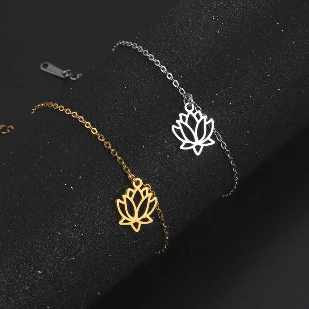 Lucktune Lotus Flower Charms Bracelets Stainless Steel Buddhism Gold Color Chain Bracelet for Women Fashion Boho Jewelry Gift