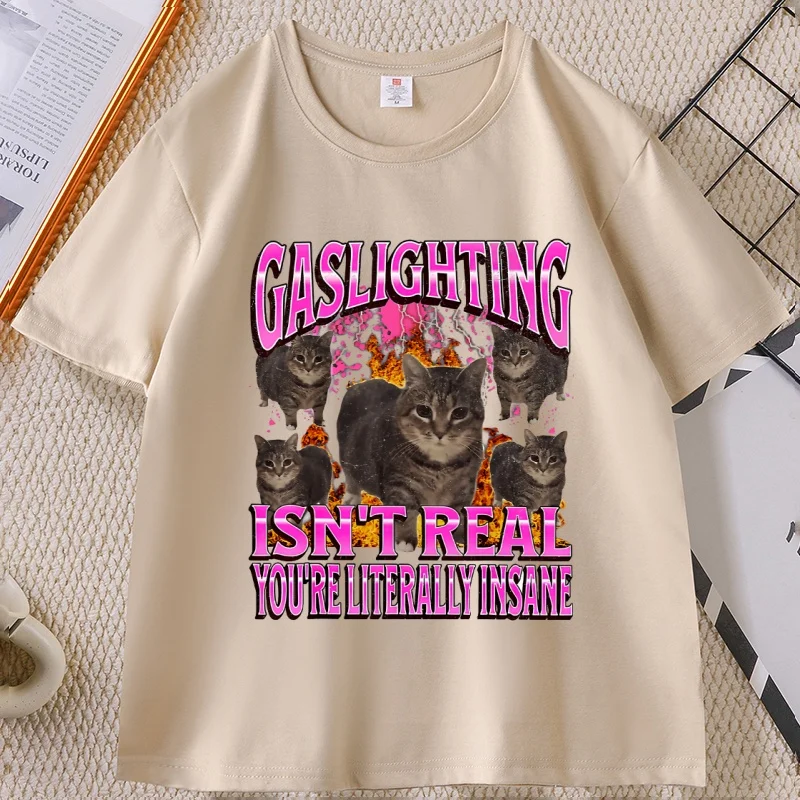 Gaslighting Funny Cat Meme Classic T-Shirt Cotton Short Sleeve Round Neck Printed Tshirts Y2k Clothes Man Woman Cat Lover Tees