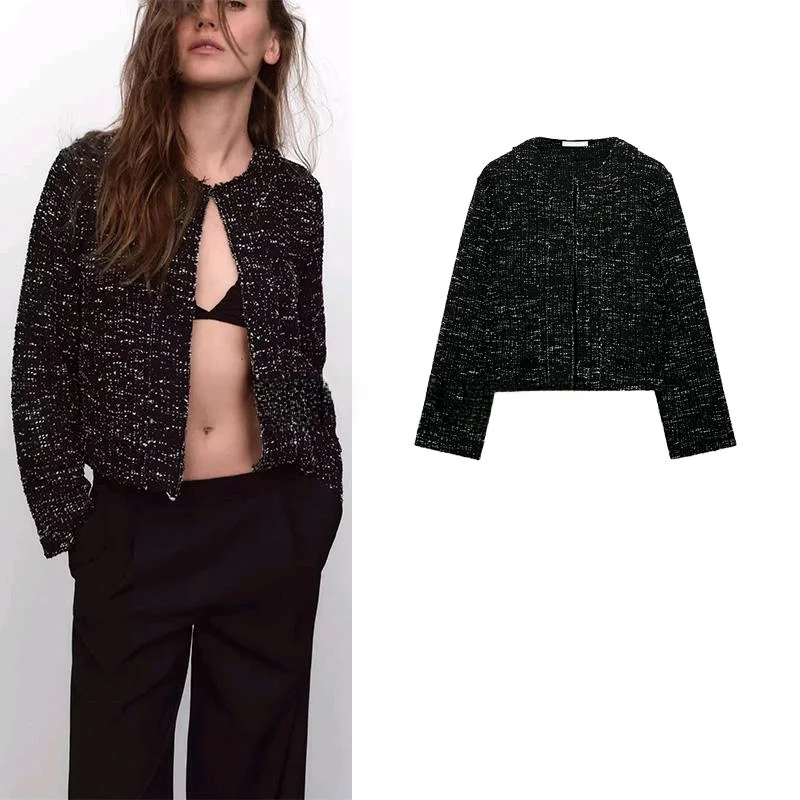 

Ele Long Sve round Ne Jaet Coat Spring New Arrival Women's Faion Texture ket Design Commute Sle Polyester F...