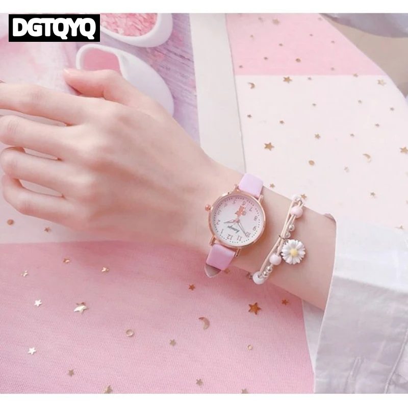 New Fashion Cat Digital Dial Leather Strap Quartz Watch Moon Bracelet Sets for Kids,Children Girls Clock Gift Watch (With Box)