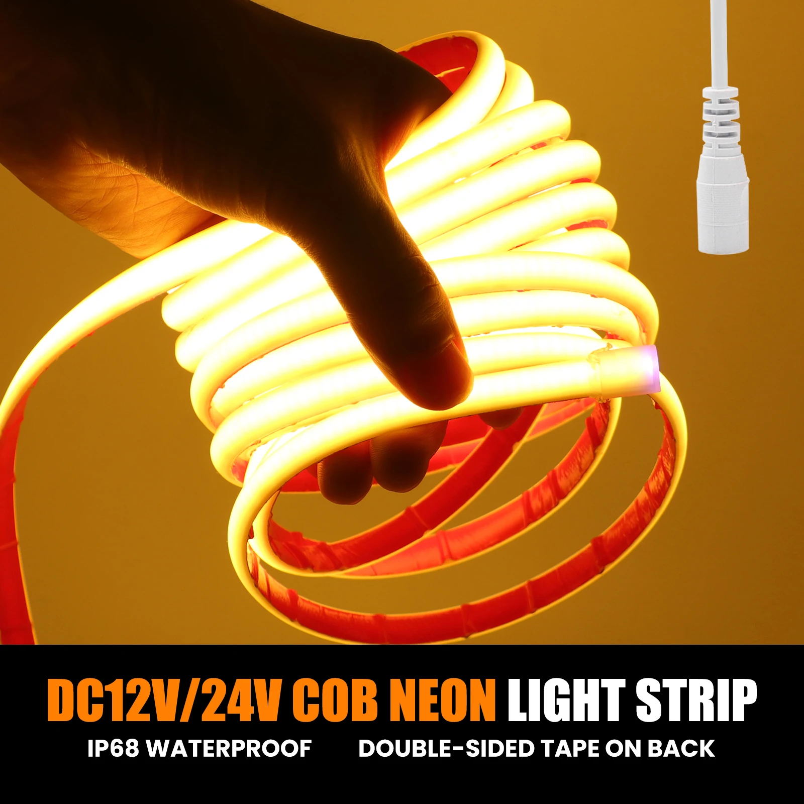 12V/24V IP68 Waterproof COB LED Strip Light with DC Plug 320 LEDs/M RA90 Flexible Tape Silicone Tube Lamp Liner Lighting 1/20M