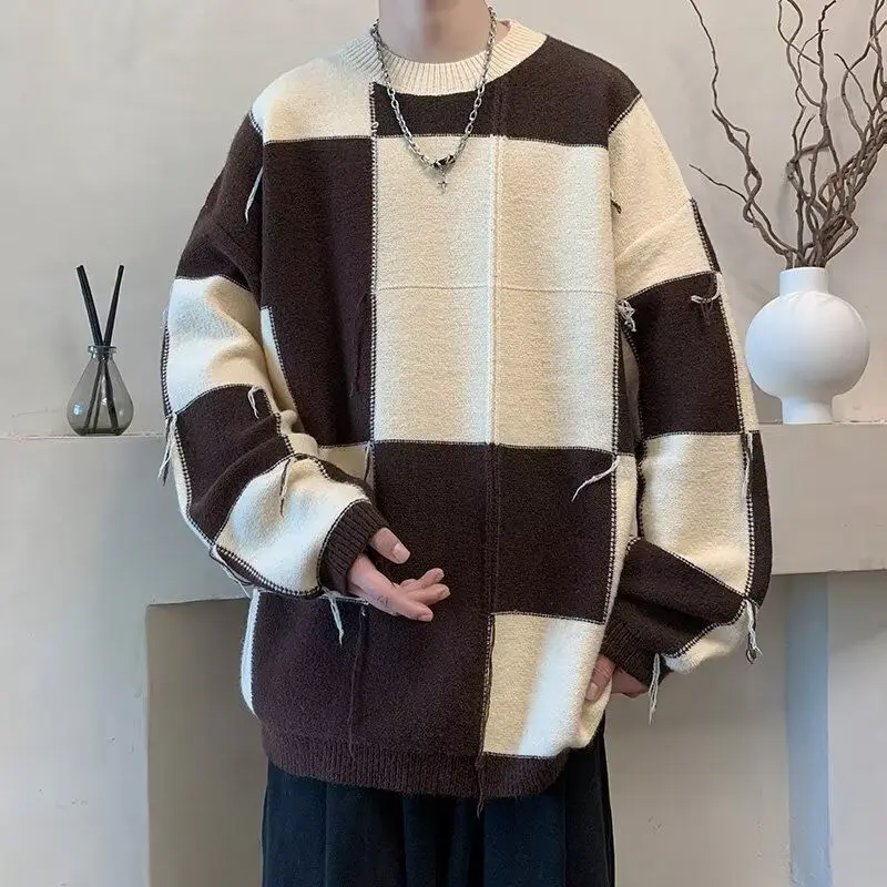 Plaid Sweater Men Spring and Autumn New Splicing Pullovers O-Neck Fashion Loose Minimalist Casual Long-sleeved Knitted Tops