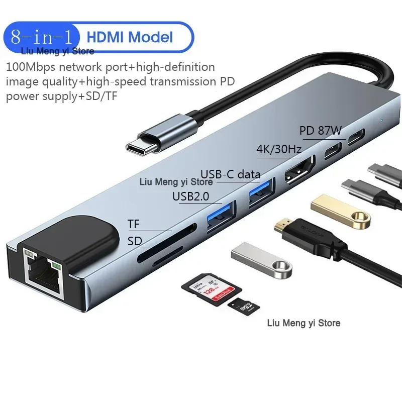 USB C Hub 8 in 1 Type C 3.1 naar 4K HDMI-adapter met RJ45 SD/TF-kaartlezer PD snel opladen voor laptopcomputer