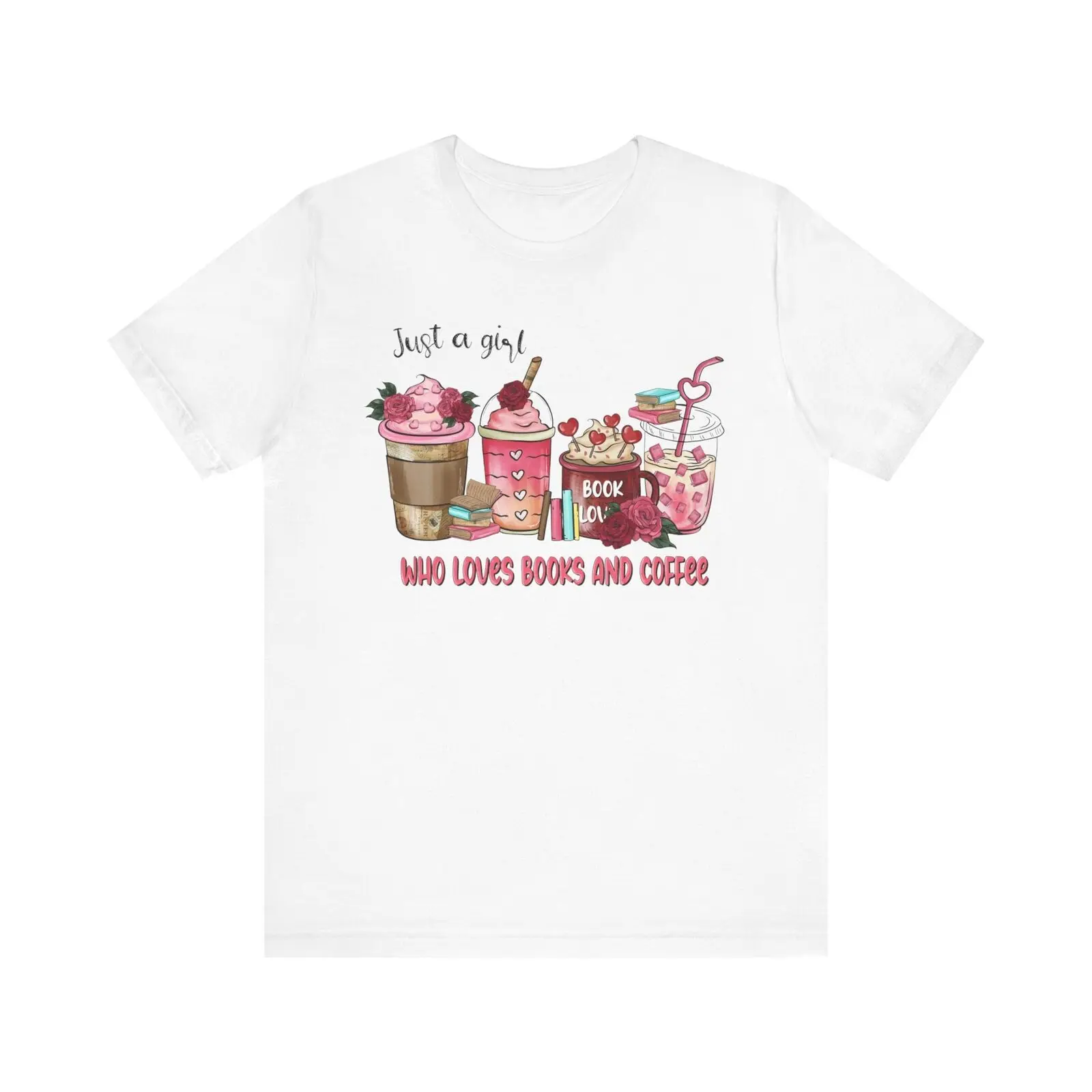 

Bella Canvas 3001, Unisex, White, Just A Girl Who Loves Books And Coffee T-Shirt