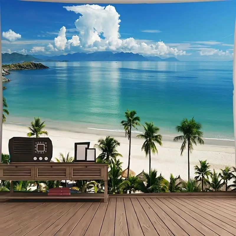 Tropical Beach Tapestry with Palm Trees & Ocean View Serene Island White Cloud Wall Hanging for Living Room Bedroom or Coastal