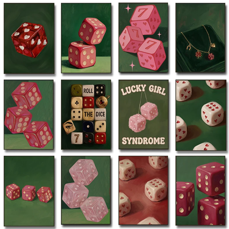 Minimalist Lucky Pink Dice Posters Heart Casino-Inspired Game Modern Prints Canvas Painting Wall Art Pictures Home Room Decor