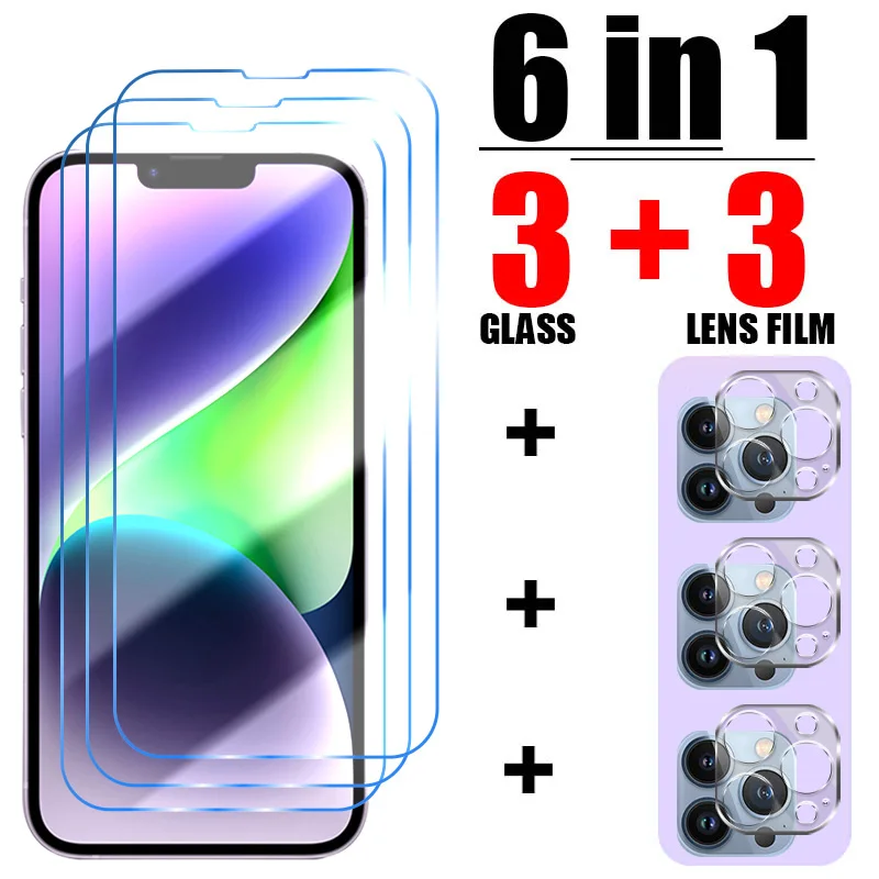 6IN1 Tempered Glass for iPhone 14 13 12 11 15 Pro Max Mini Screen Protector on for iPhone 14 8 7 6S Plus XR X XS Max SE 2020