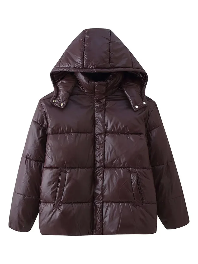 Damska kurtka zimowa, jednorzędowa, ze sznurkiem, kieszeniami, jednolita, zapinana na zamek, z długim rękawem, z kapturem, ocieplana watą.