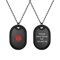 Vnox Free Custom Back Medical Alert ID Dogtag Pendant for Men Women,Emergency Contact Reminder Engraved Dog Tag Necklaces