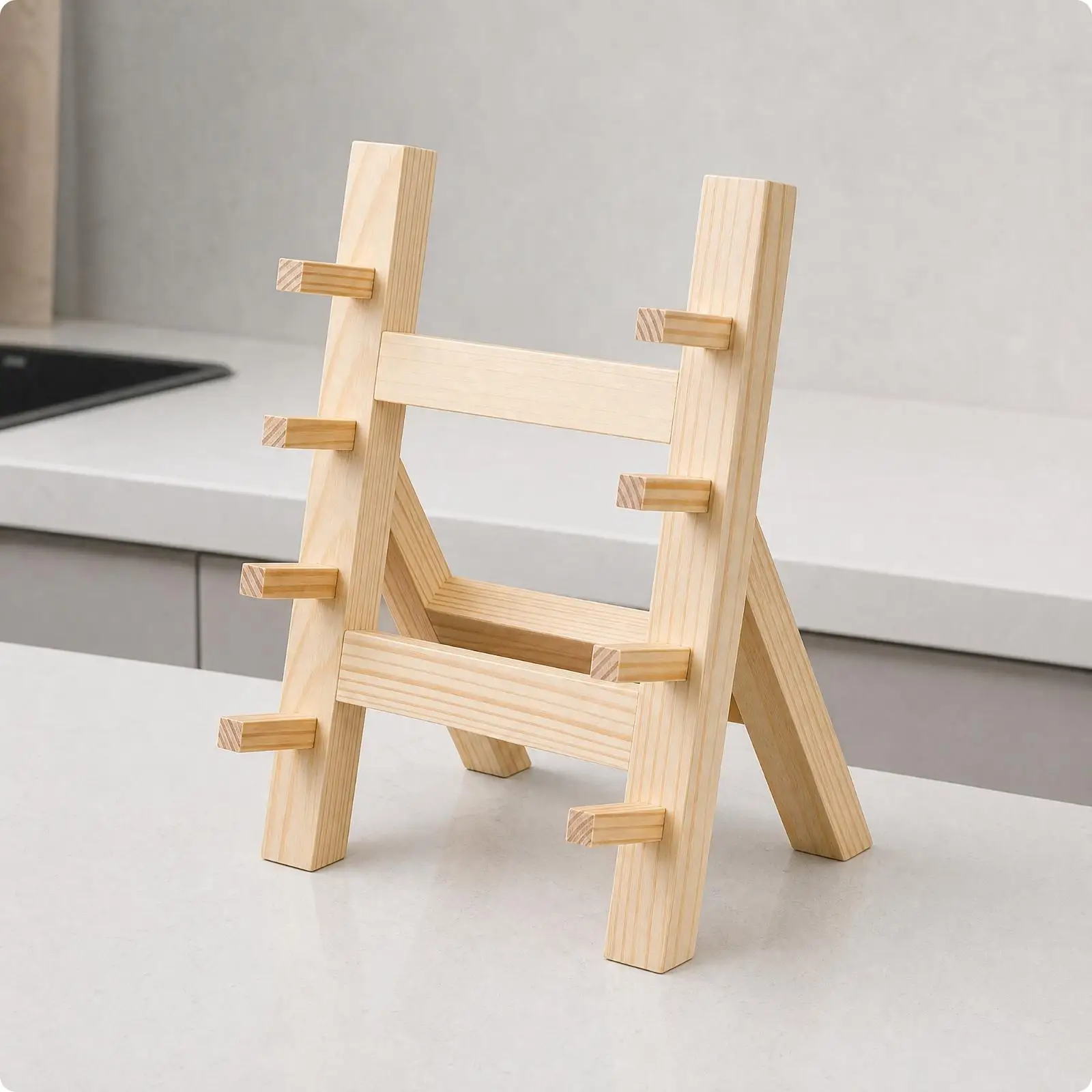 Pine Wood Industrial Cutlery Rack with Projecting Pegs for Chef Knife Storage Freestanding Wooden Holder for Kitchen Display