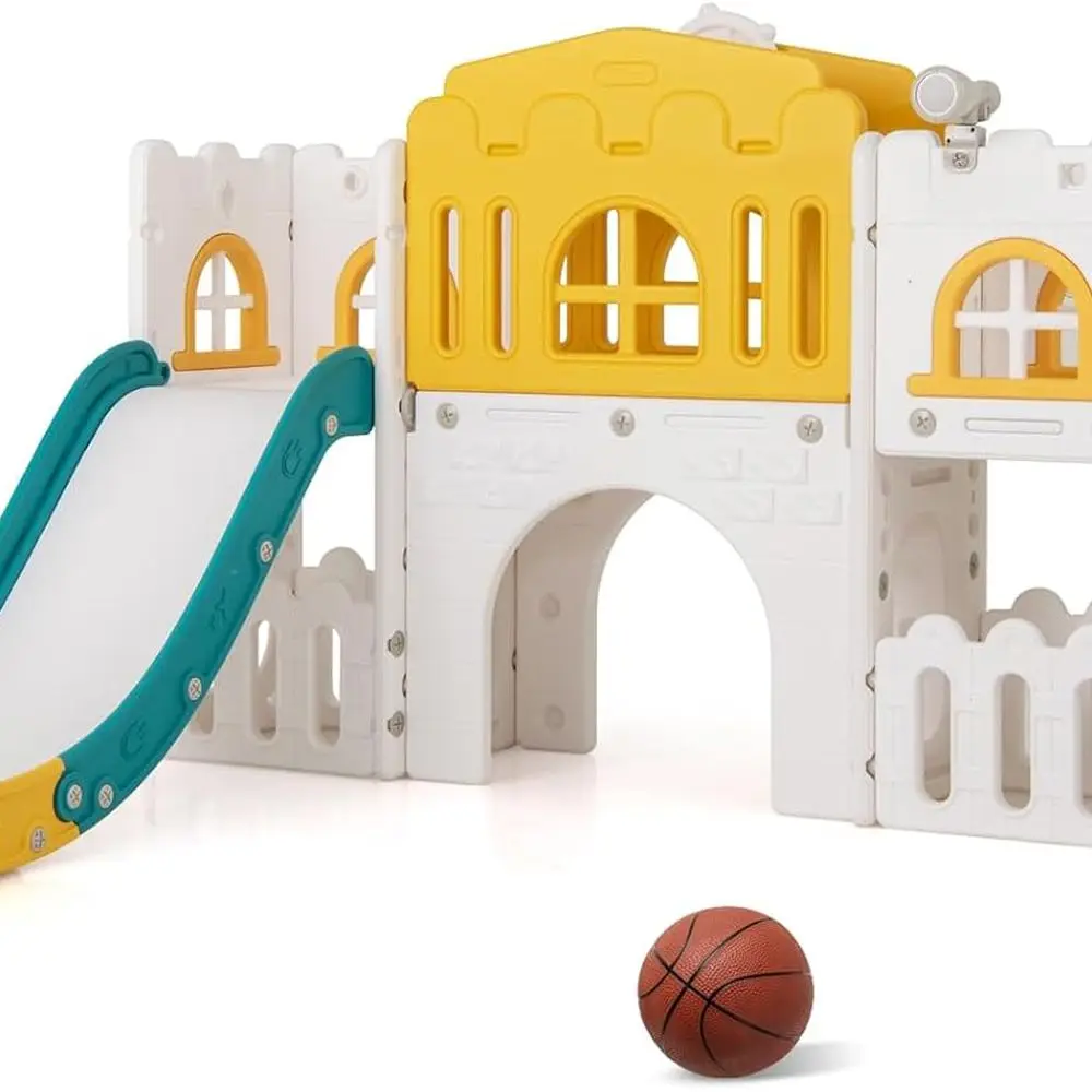 

8 in 1 Compact Toddler Slide Playset with Tunnel, Basketball, Climber, and Storage - Indoor Playground for Ages 1-3 (Yellow)