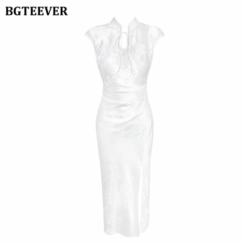 BGTEEVER Summer Vintage Stand Collar Lace-up Women cheongsam Package Hip Dress Elegant Slim Ladies Side Split Bodycon Dress