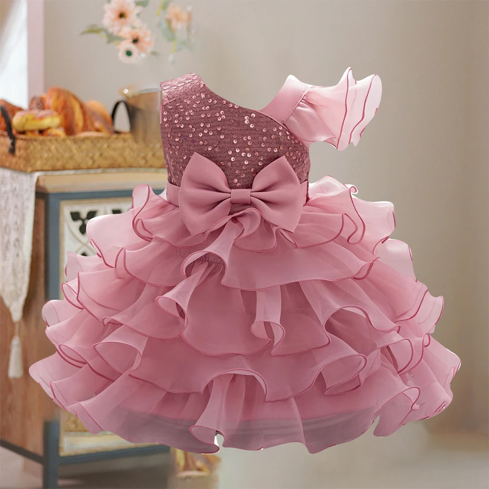 Flower Girls Wedding Bridesmaid Party Dress Kids Sequin Princess Gown For Baby Toddler 1st Birthday Bow Clothes Evening Costumes