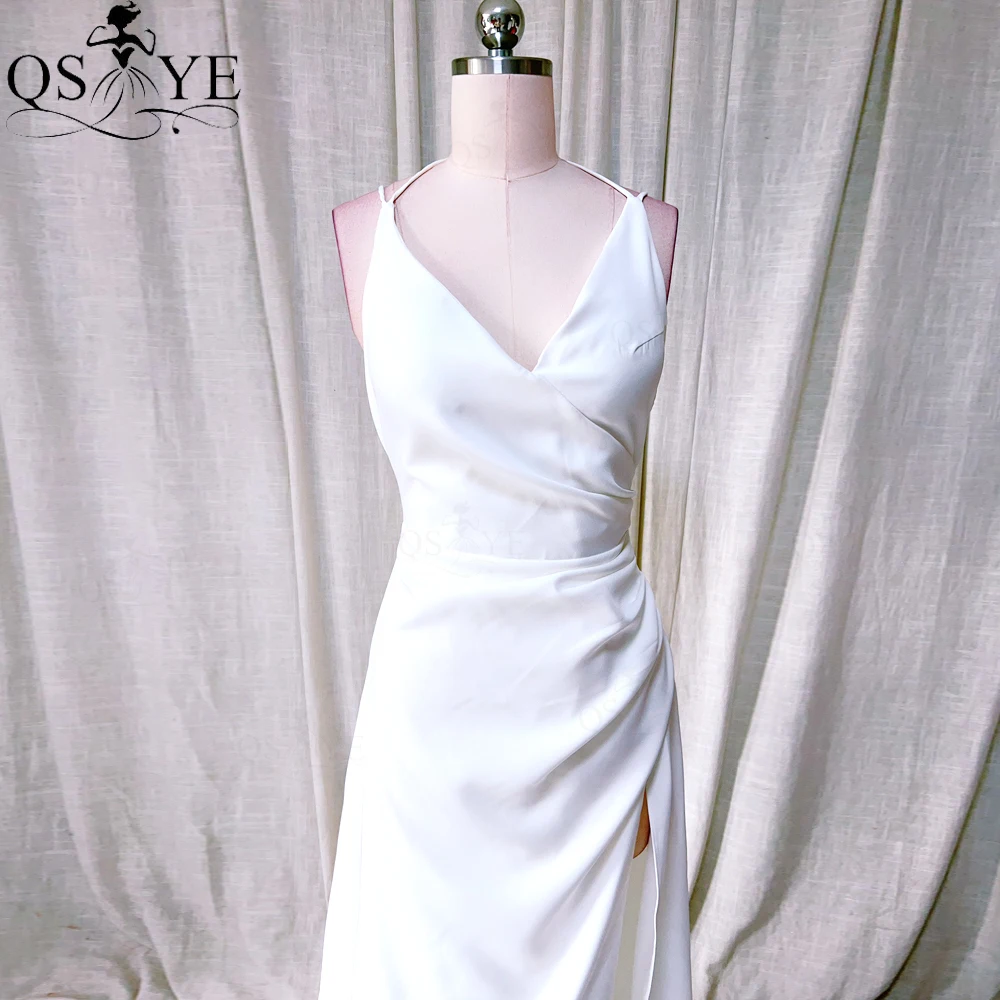 QSYYE White Satin Prom Dresses A line V neck Ruched Simple Evening Gown Empire Waist Princess White Party Gown