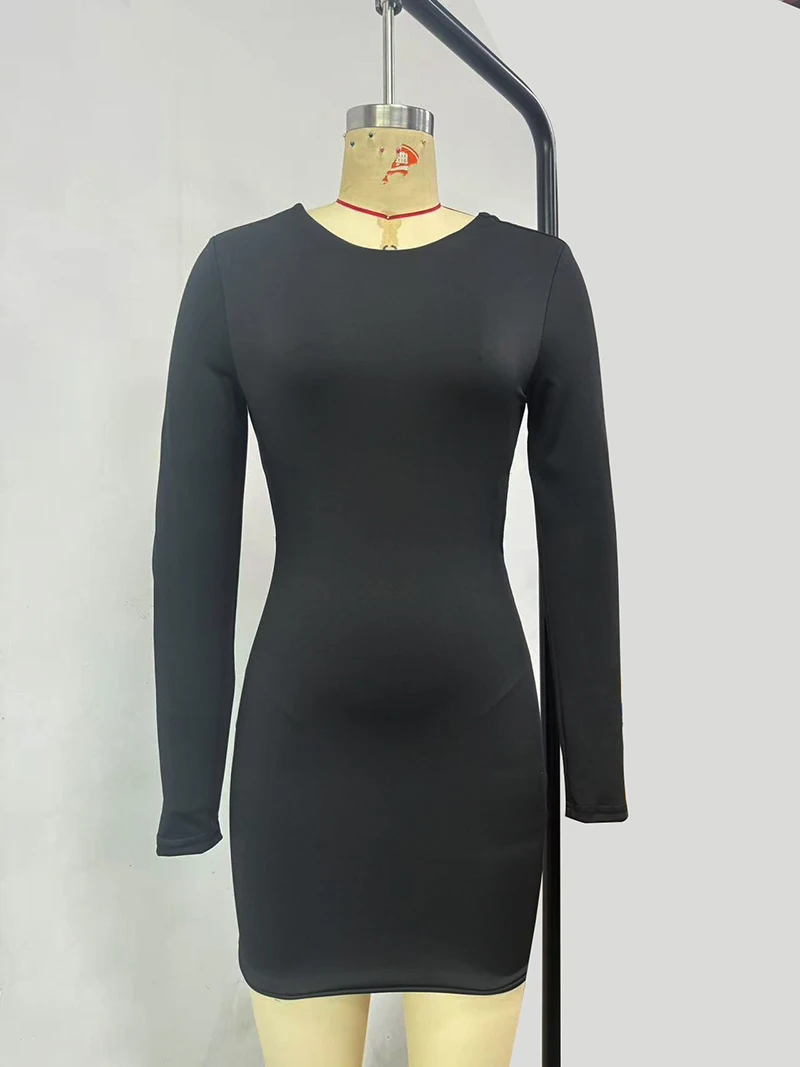 Schwarzes Mini-Kleid für Damen, Modisch, Sexy, Rückenfreies Partykleid, Damen-Streetwear, Koreanisches Design, Ausgeschnittene Langarm-Bodycon-Kleider, Neu – Detail 6