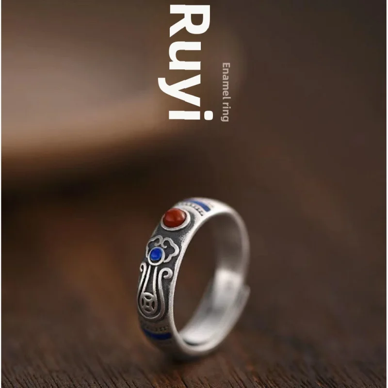 

New Cloisonné Enamel Ruyi Ring for Men and Women, Vintage Chinese Style Artistic Adjustable Ring