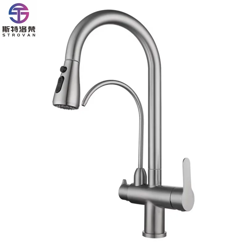 

Stainless Steel Deck Mounted Three Way Water Filter Kitchen Tap Faucets with Pull Down Sprayer