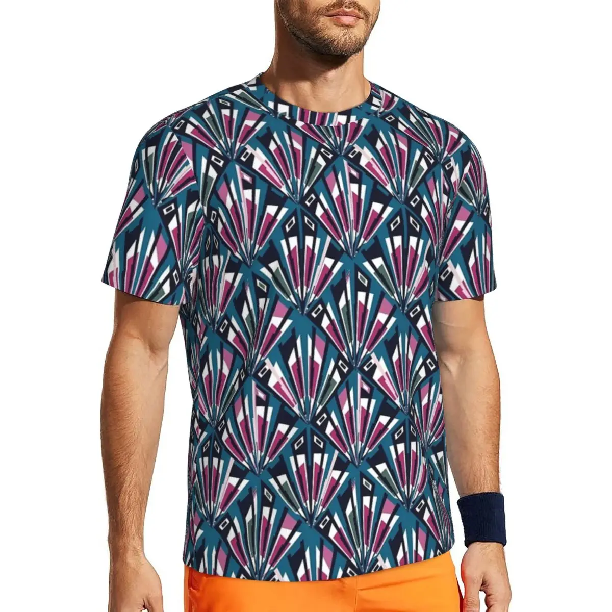 Teal Pink And Green Mid Century Fan Pattern Men's Short-sleeved Mesh Classic Loose Cool Comfortable T-Shirt