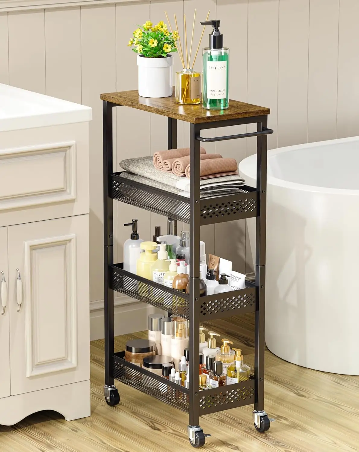 

4-Tier Slim Storage Cart with Wood Top, Rolling Shelf for Narrow Spaces
