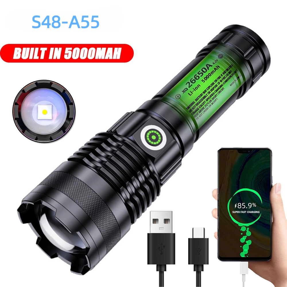 

100000 Lumen Super Bright Spotlight Long Range LED Flashlight Built-in Battery USB Charging Waterproof Portable Camping Torch