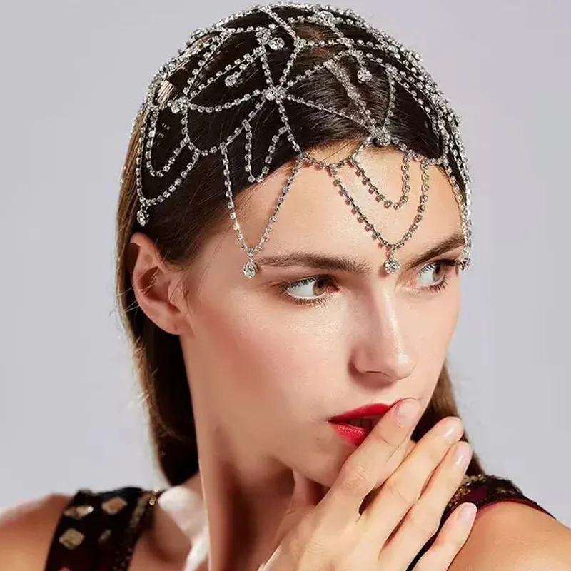 

Cyberpunk luxury Rhinestone Metal Chain Y2k Hair chain for women girl wedding Magazine Shoot Headdress HUANZHI 2024 NEW INS