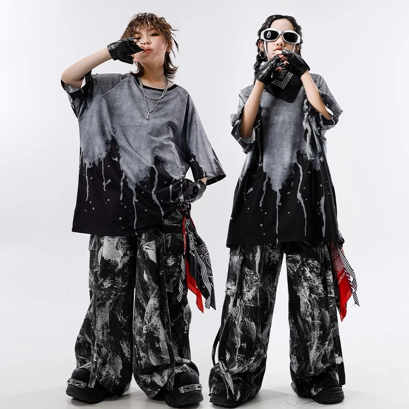 Costume de danse de rue, ensemble Hip Hop, T-Shirt surdimensionné, pantalon Shuffle noir et gris, Costume de scène de spectacle pour enfants, tenue de Jazz 3535