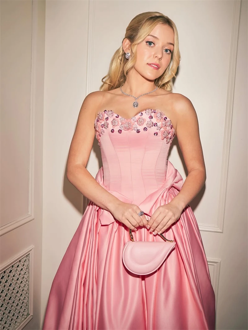 Xijun Luxury Pink Satin Evening Dresses Sleeveless Sweetheart A-Line Prom Dresses Beads Bow Long Women Prom Gowns Customized